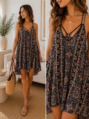 Black Paisley Floral Mini Dress Boho Spaghetti Strap Sz S | Festival Coachella